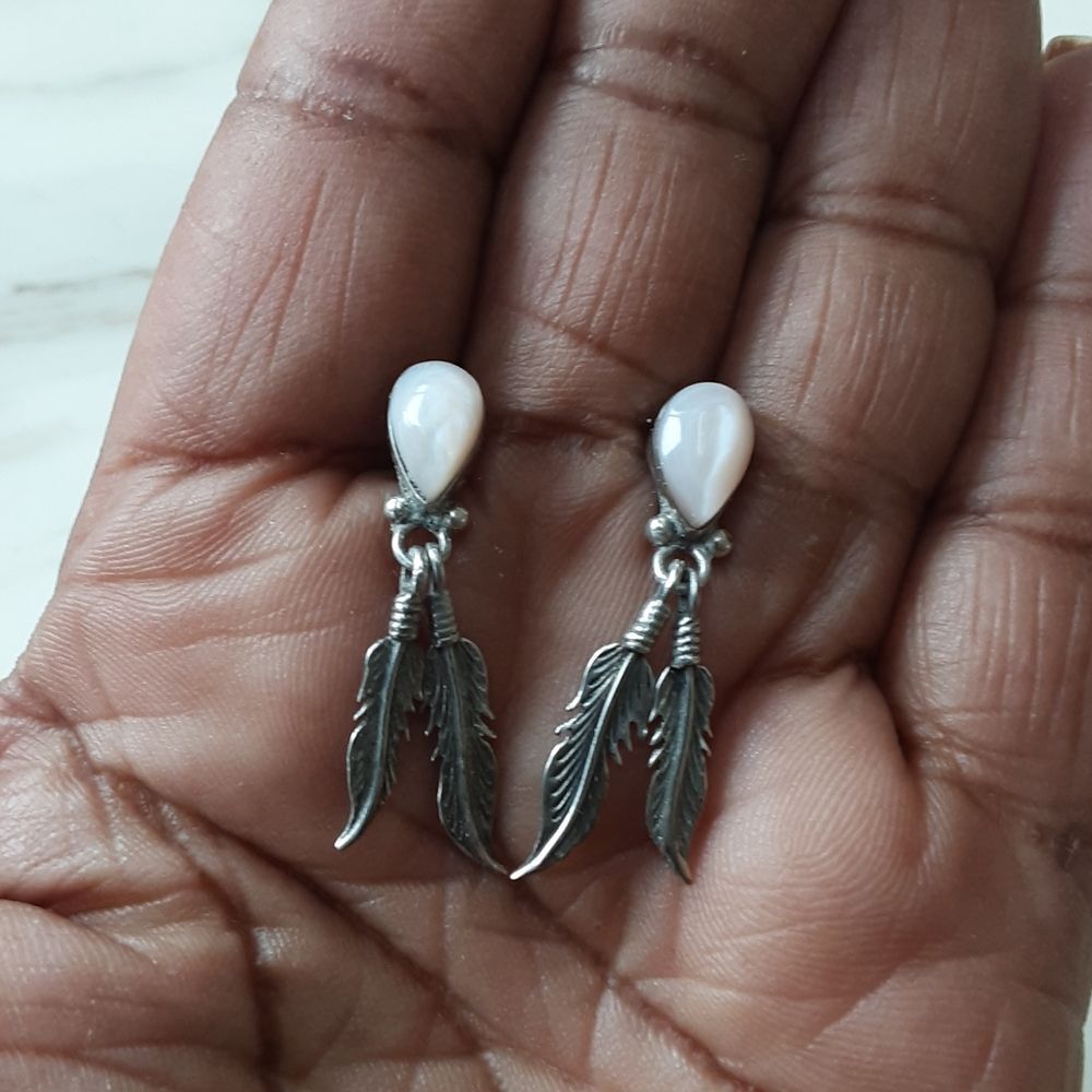 Sterling Silver Native American Pale Pink MOP Feather Dangle Post Earrings